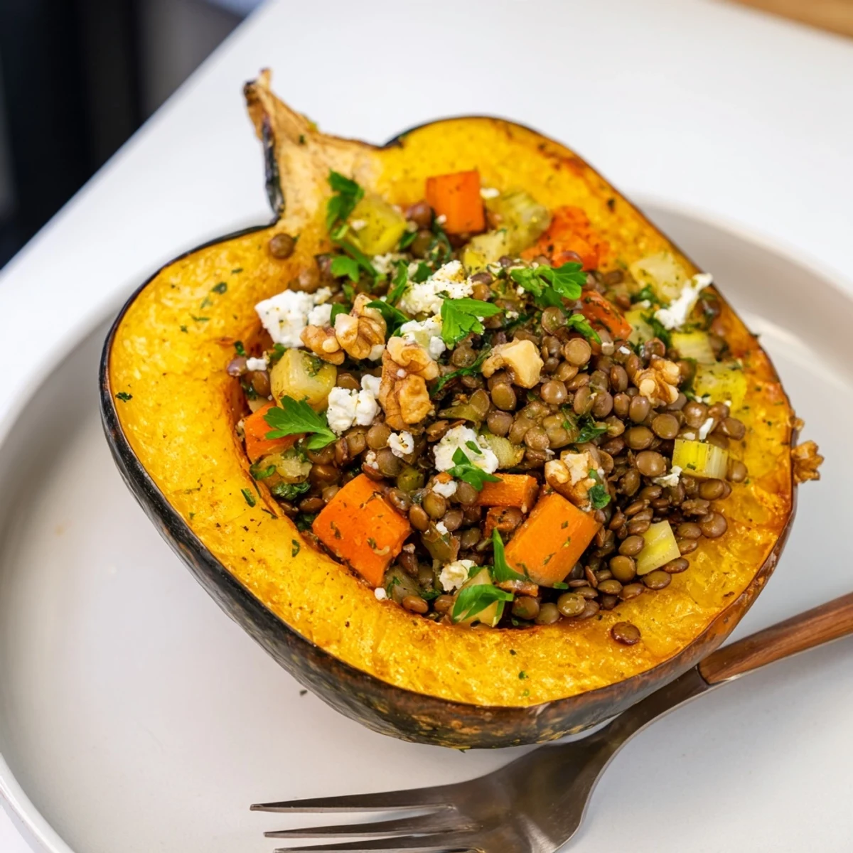 Savory Lentil & Walnut Stuffed Acorn Squash, bursting with colorful vegetables and herbs, steaming hot.