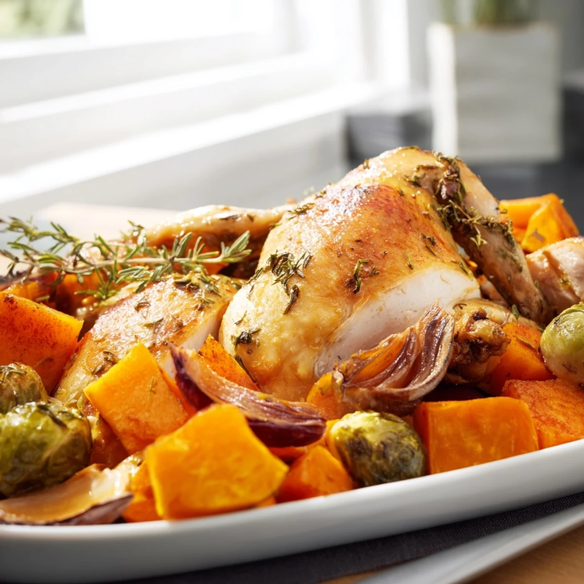 Juicy Sheet-Pan Roasted Turkey Breast with Winter Veggies drizzled with sweet cranberry glaze and ready to serve.