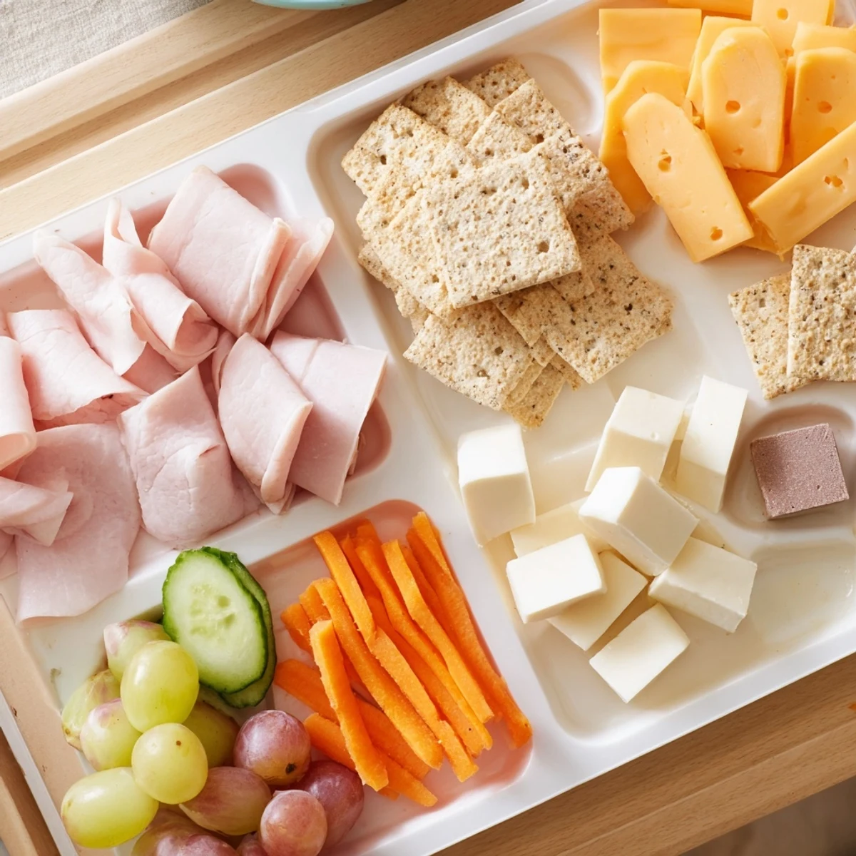 A prepared DIY Lunchables tray overflowing with turkey, cheese, grapes, and crackers ready to enjoy.