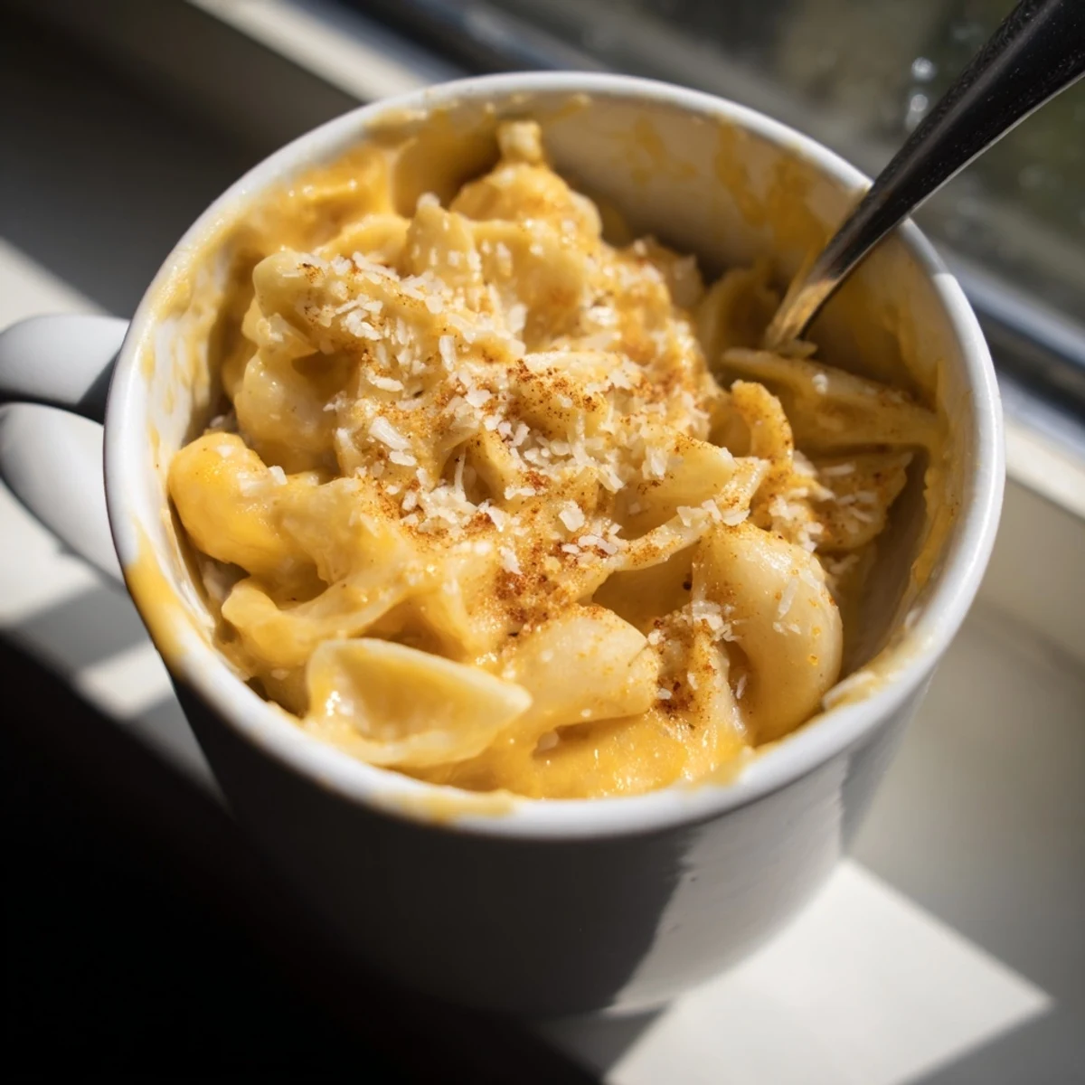 Steaming, cheesy mug mac & cheese ready to be devoured, a quick and easy microwave meal.