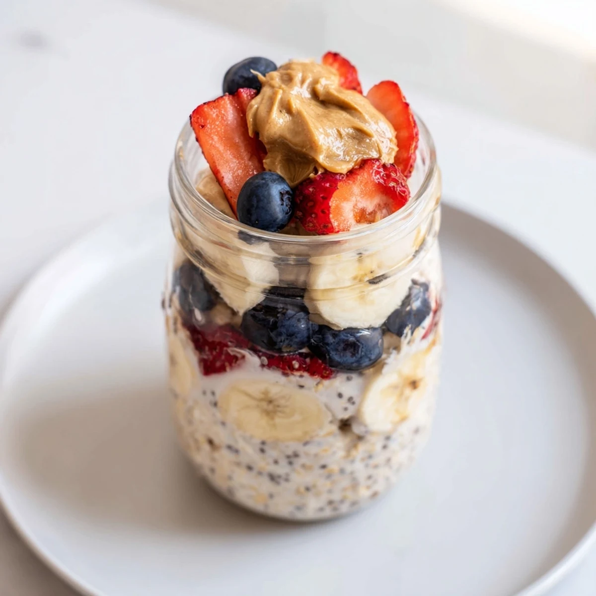 Creamy overnight oats jars layered with fruit and peanut butter, a quick, energizing breakfast idea.