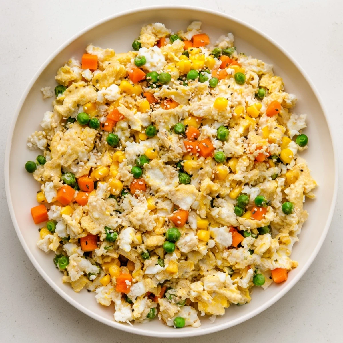 Steaming hot Frozen Veggie Fried Rice with fluffy scrambled eggs, perfect for a quick dinner.