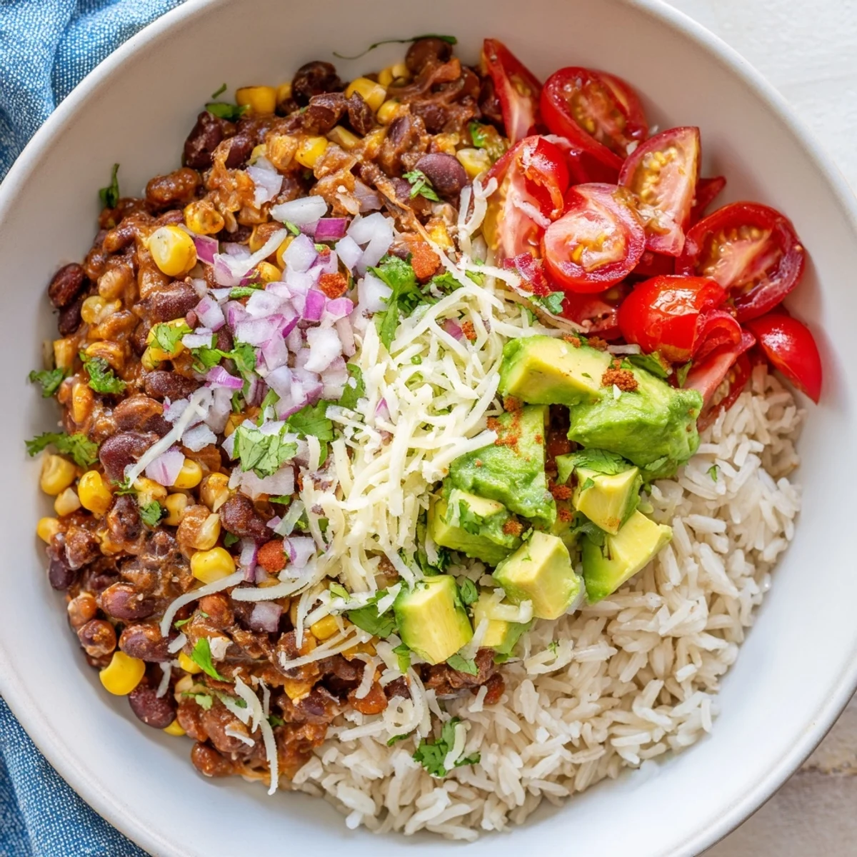 Steaming Rice, Bean, and Corn Burrito Bowls visually, with colorful toppings and a fresh lime wedge.