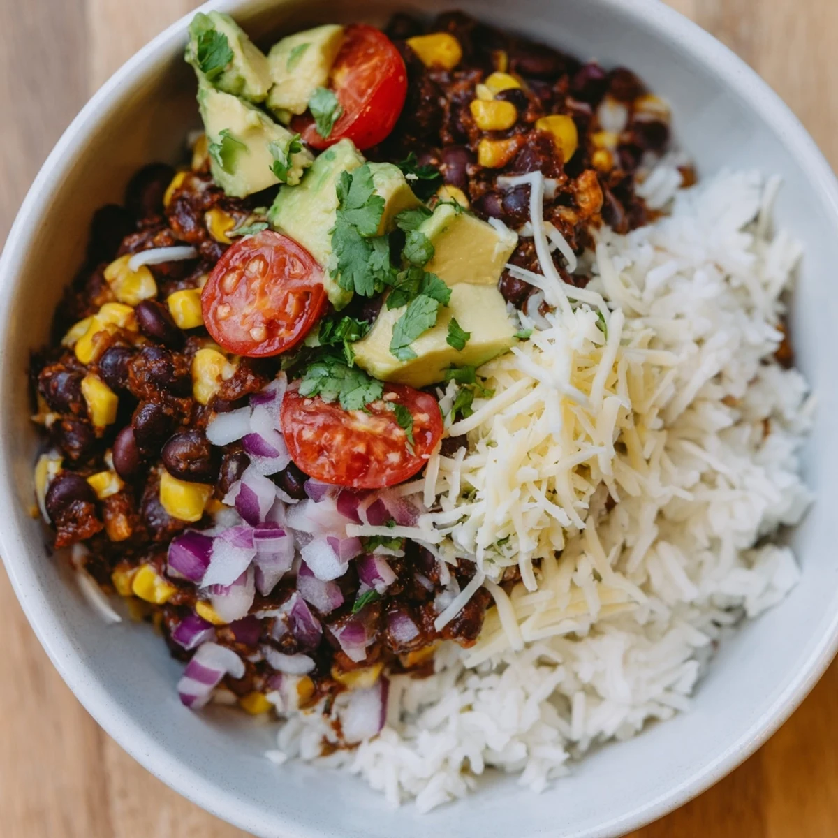 These flavorful Rice, Bean, and Corn Burrito Bowls are bursting with vibrant vegetables and savory black beans.