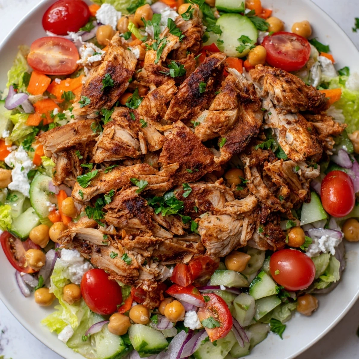 Chicken salad with tender, shredded meat & colorful veggies, perfect for a light, healthy lunch.