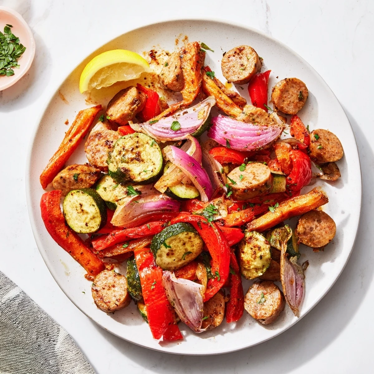 Golden-brown Sheet-Pan Roasted Veggies & Sausage served alongside fresh lemon wedges for a complete meal.