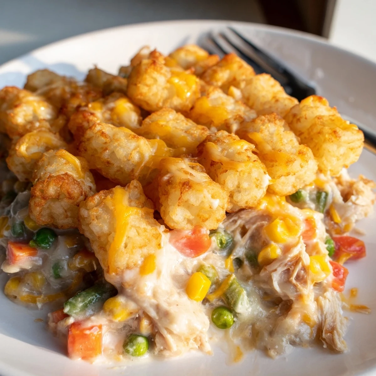 Golden, crispy tater tots crown a comforting chicken pot pie filling in this photo.