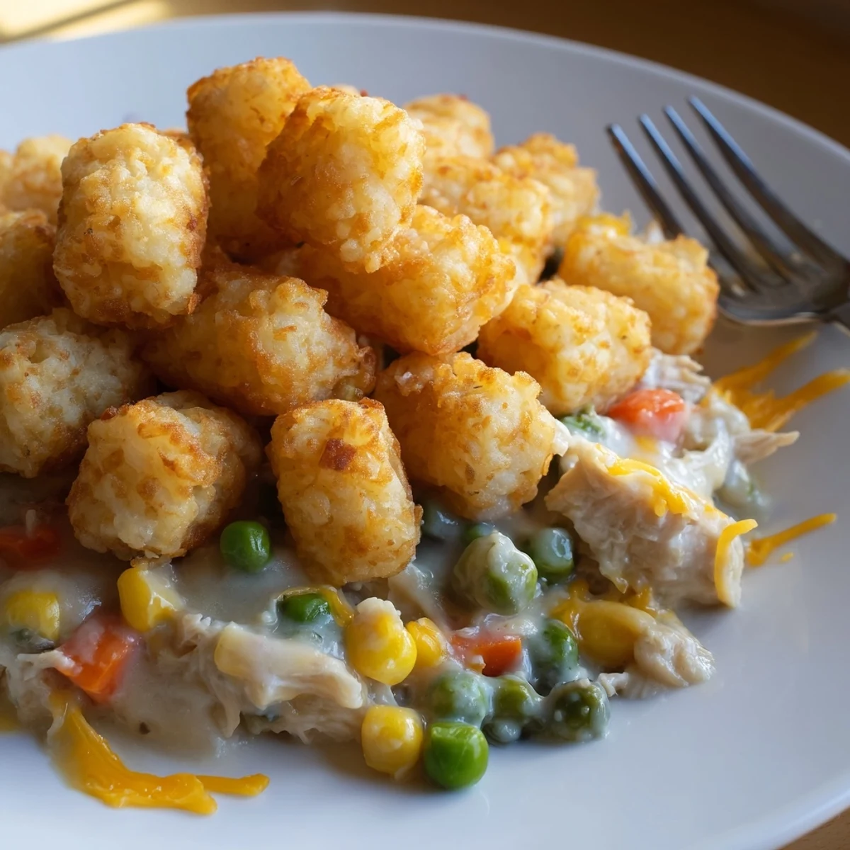 A bubbling 9x13 dish filled with savory tater tot chicken pot pie ready to serve.