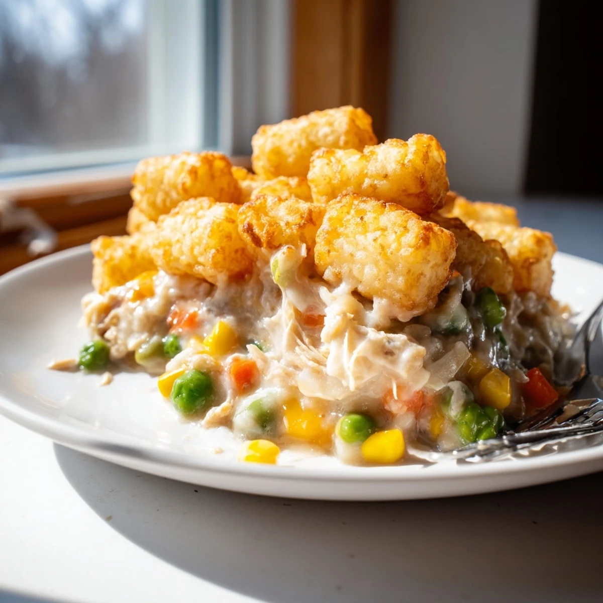 Delicious and hearty tater tot chicken pot pie, with a creamy sauce and tender chicken.