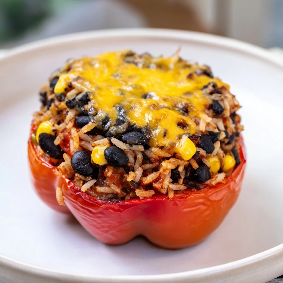 Steaming baked stuffed bell peppers, colorful and tender, filled with savory rice and beans.