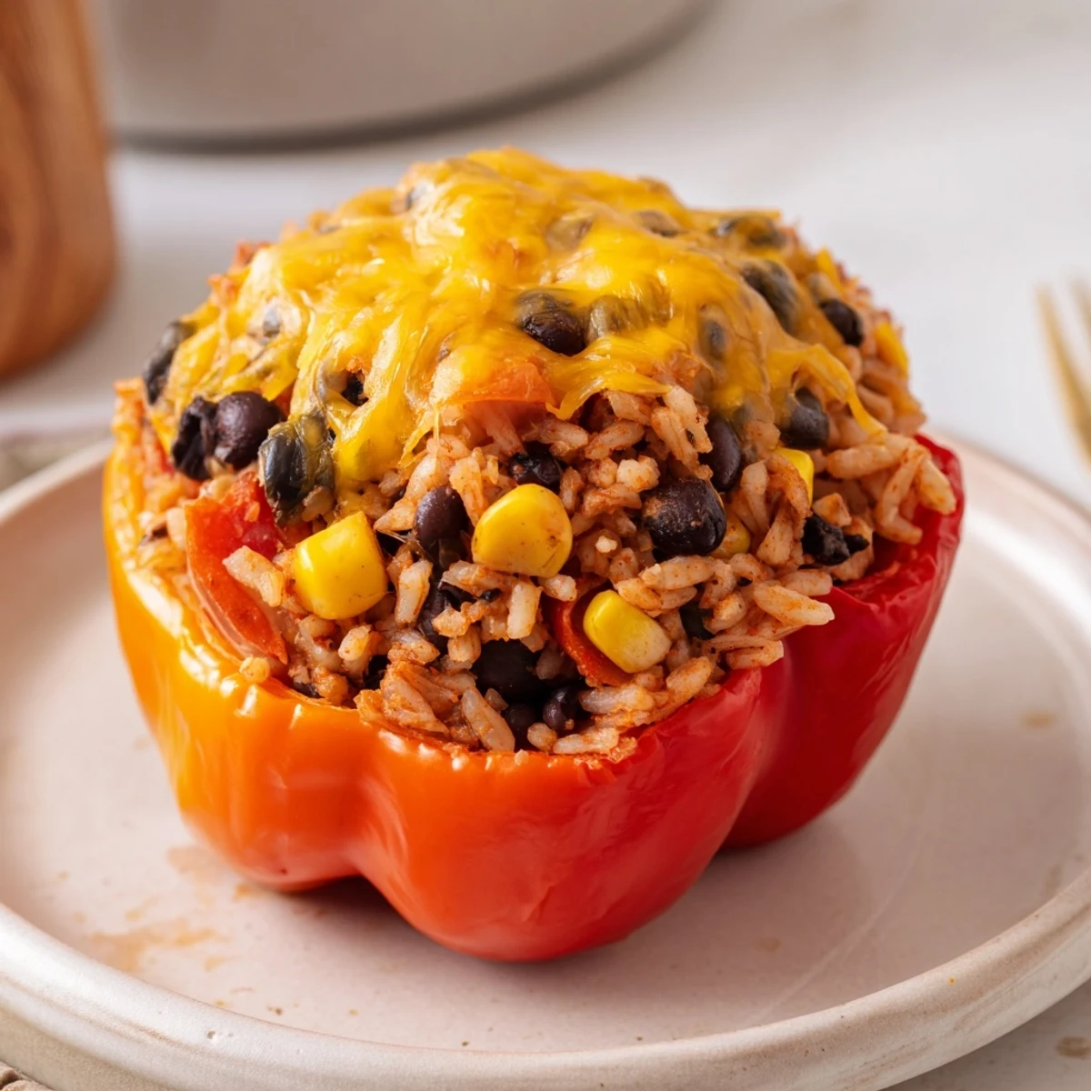 Golden, bubbly cheese tops the delicious stuffed bell peppers, fragrant with cumin and paprika flavor.
