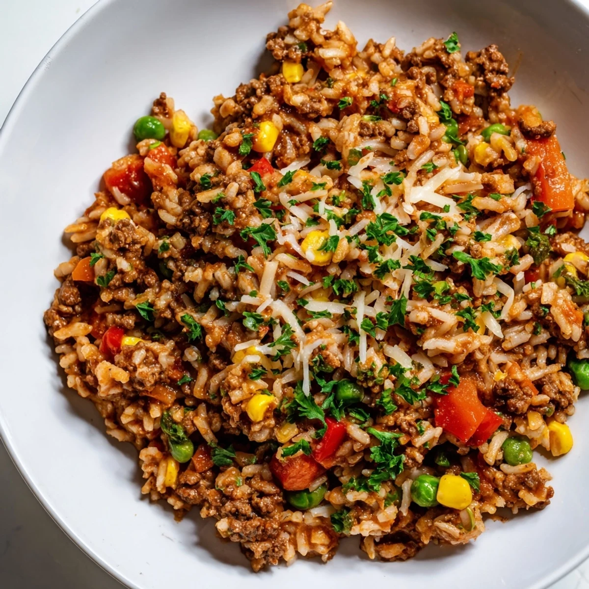 Ground Beef Skillet with Veggies & Rice, a savory one-pan meal, steaming hot and ready.
