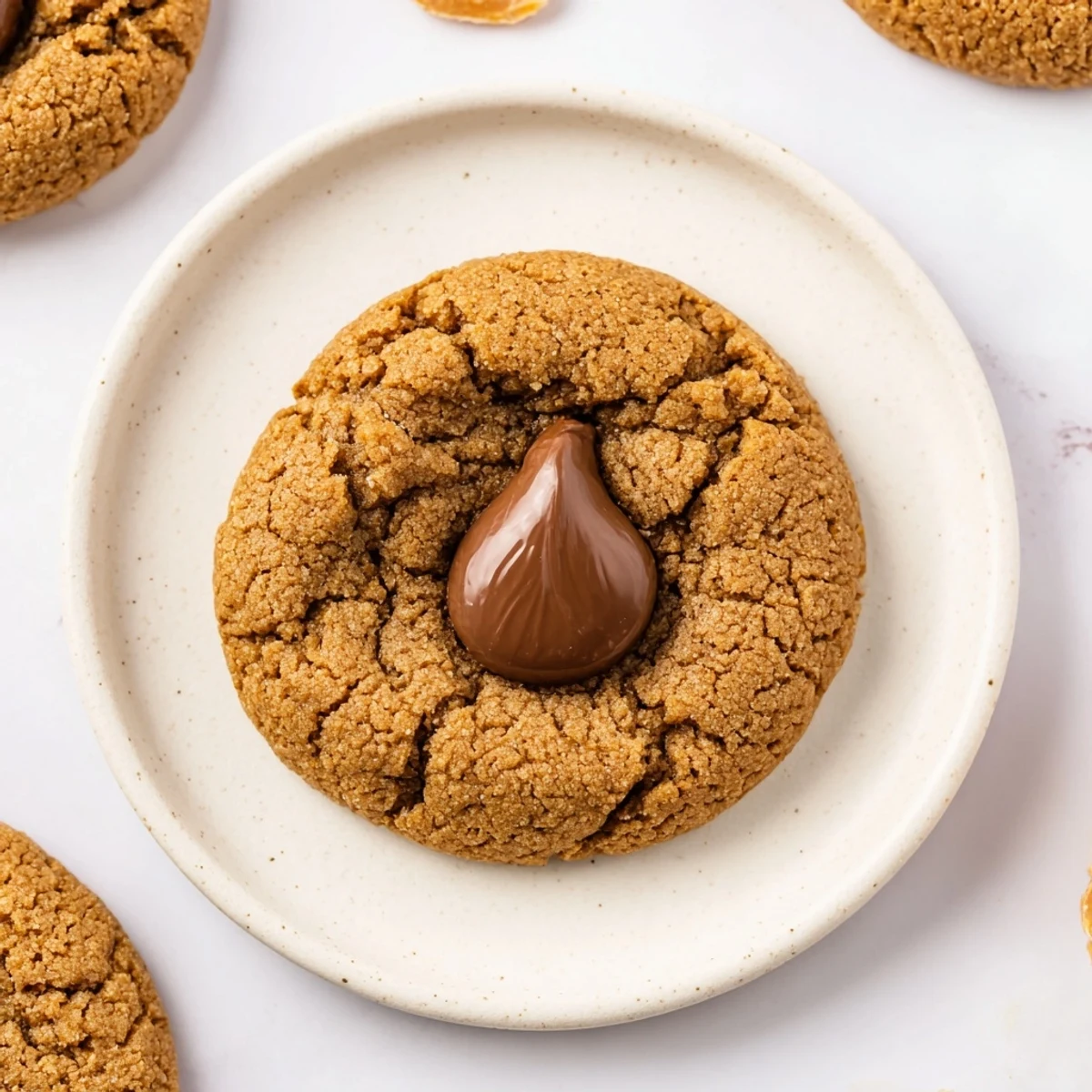 Golden-brown 3-Ingredient Peanut Butter Blossoms, perfectly soft with a chocolate kiss embedded on each.