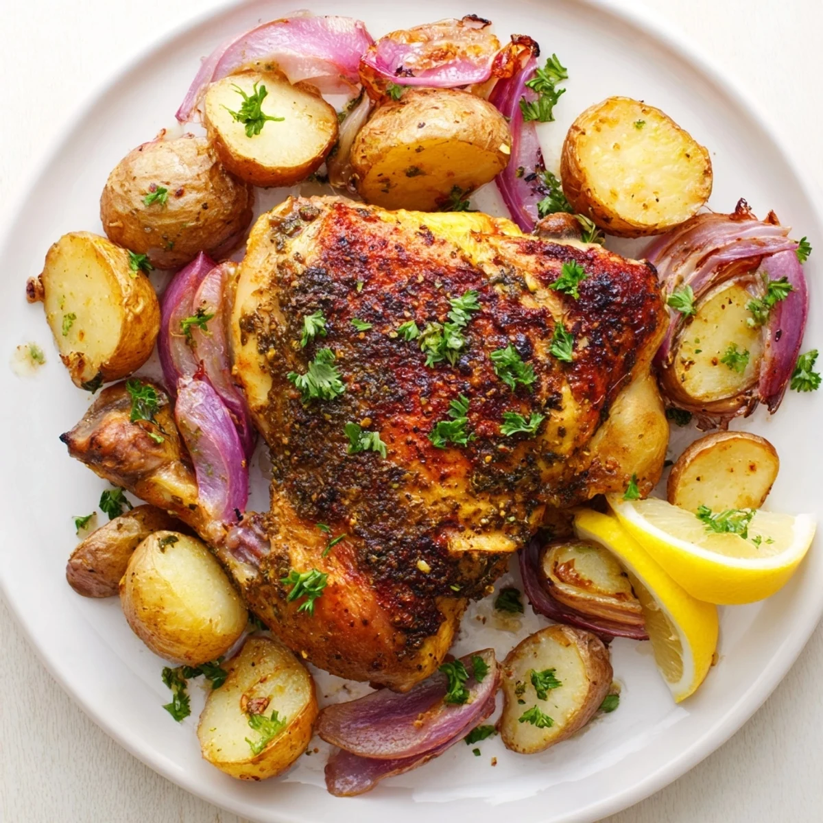 Crispy, golden-brown Sheet Pan Zaatar Chicken thighs and potatoes with fresh parsley garnish await.