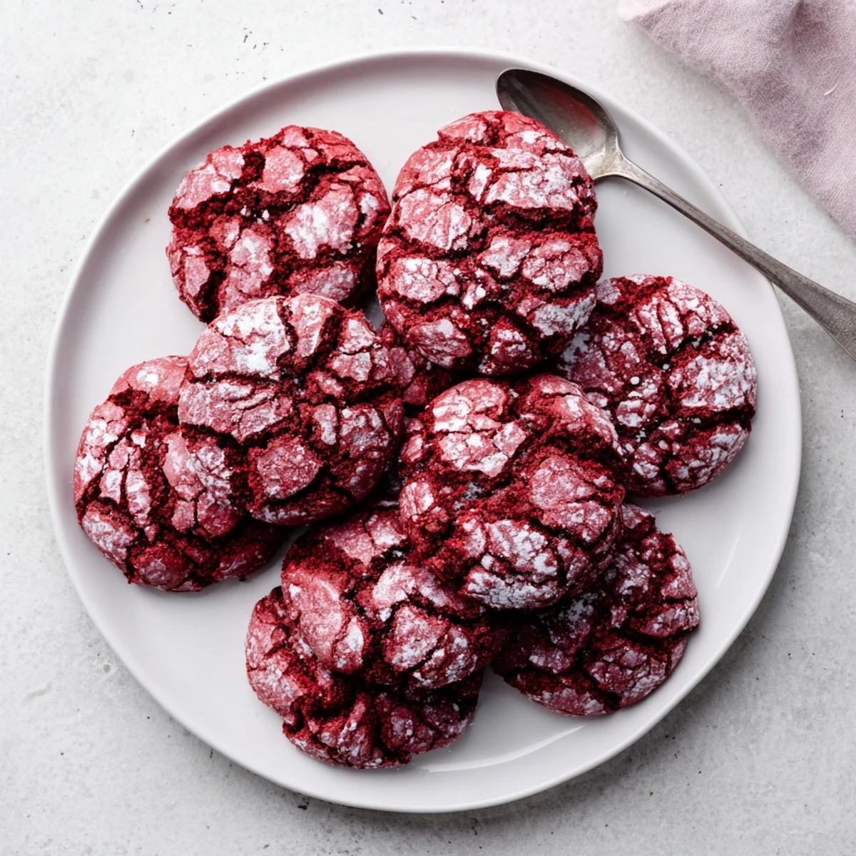 Close-up view of perfect, crinkled Red Velvet Chocolate Crinkle Cookies, dusted in powdered sugar.
