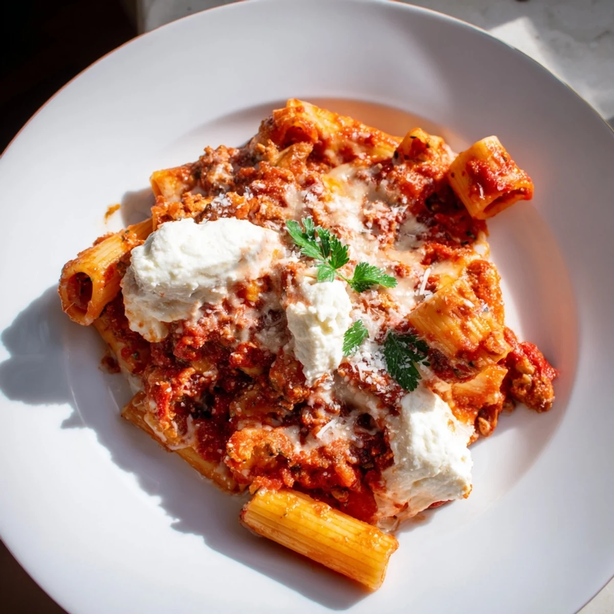 A close-up of cheesy, bubbling slow cooker baked ziti, perfect for a cozy weeknight meal.