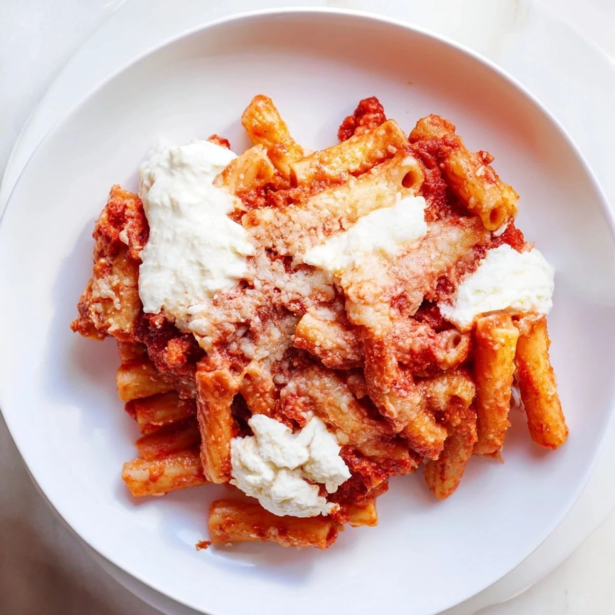 Warm, golden-brown slow cooker baked ziti, served with fresh basil for a delicious Italian comfort food.