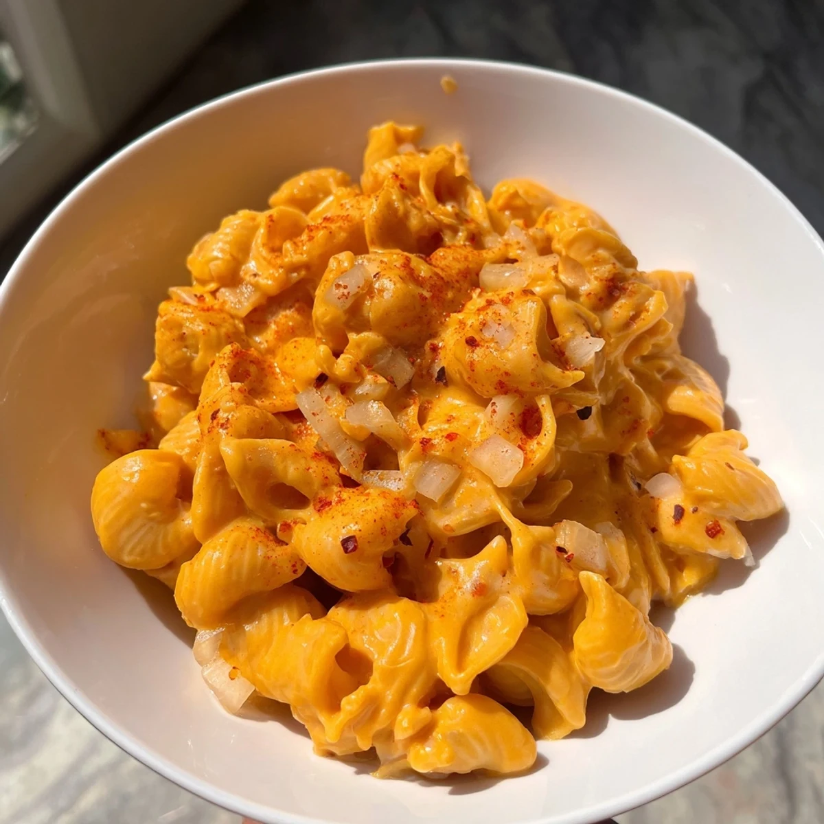 One-Pot Butternut Squash Mac & Cheese, with a swirl of creamy sauce on each pasta shell.