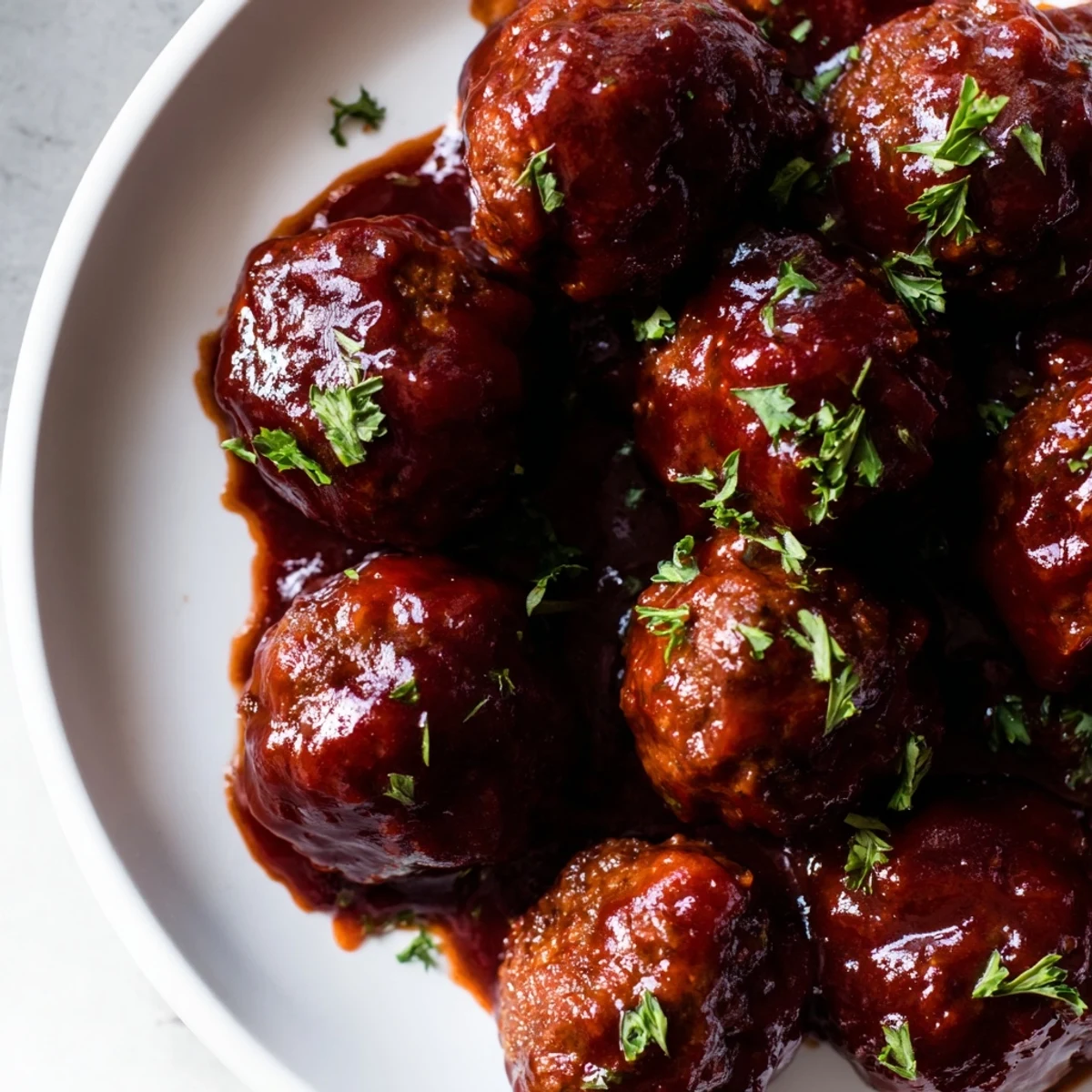 Glossy cherry BBQ meatballs in a slow cooker, offering a sweet and savory aroma, perfect for a party.