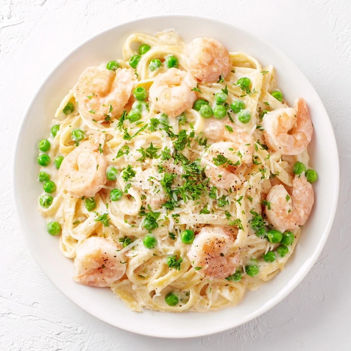 Vibrant photo of creamy Instant Pot Shrimp Alfredo Pasta, ready to serve with fresh parsley.