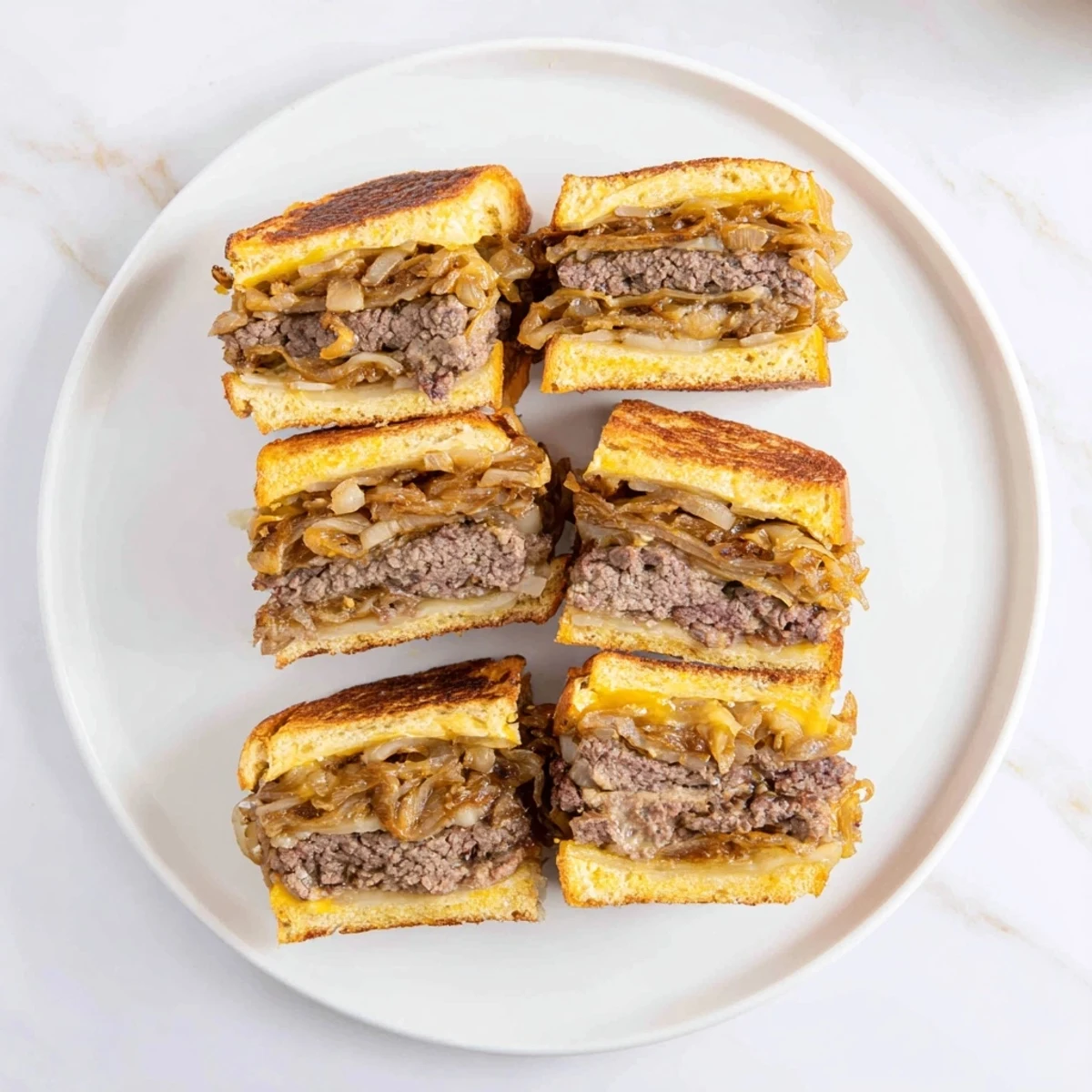Juicy patty melt skillet with melted Swiss cheese, caramelized onions, and browned rye bread slices.