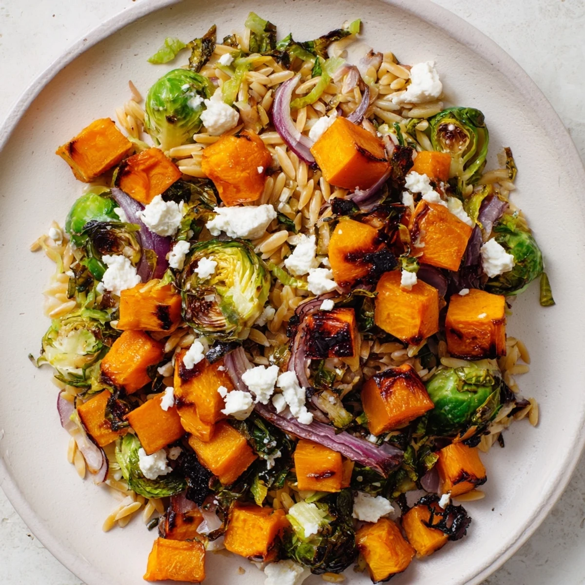 Freshly tossed Best Fall Harvest Orzo Salad features golden roasted vegetables and creamy goat cheese.