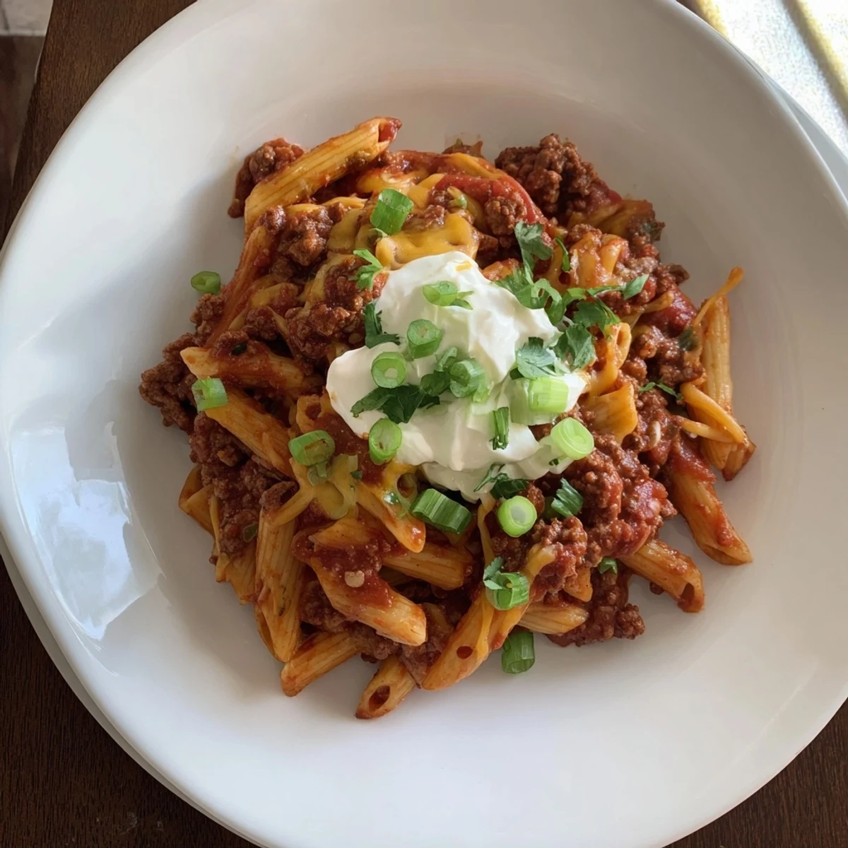 Garnish this Easy Beef Enchilada Pasta with cilantro and sour cream for a flavorful finish.