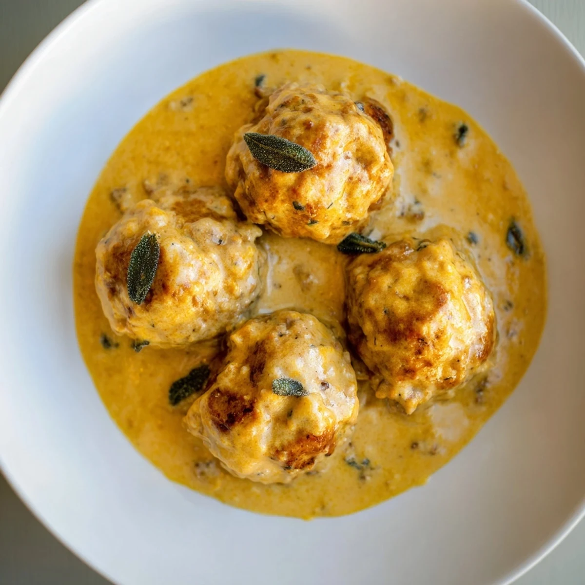 Golden-brown turkey meatballs simmer in a luscious pumpkin sage sauce, ready to serve on pasta.