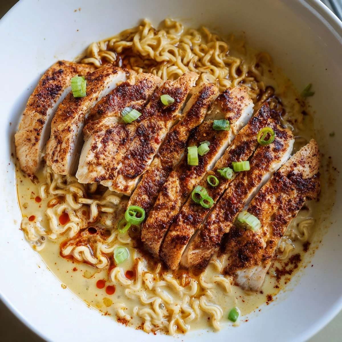 Steaming bowl of Fiery Chicken Ramen showcasing tender chicken, rich broth, and fresh green onions ready to eat.