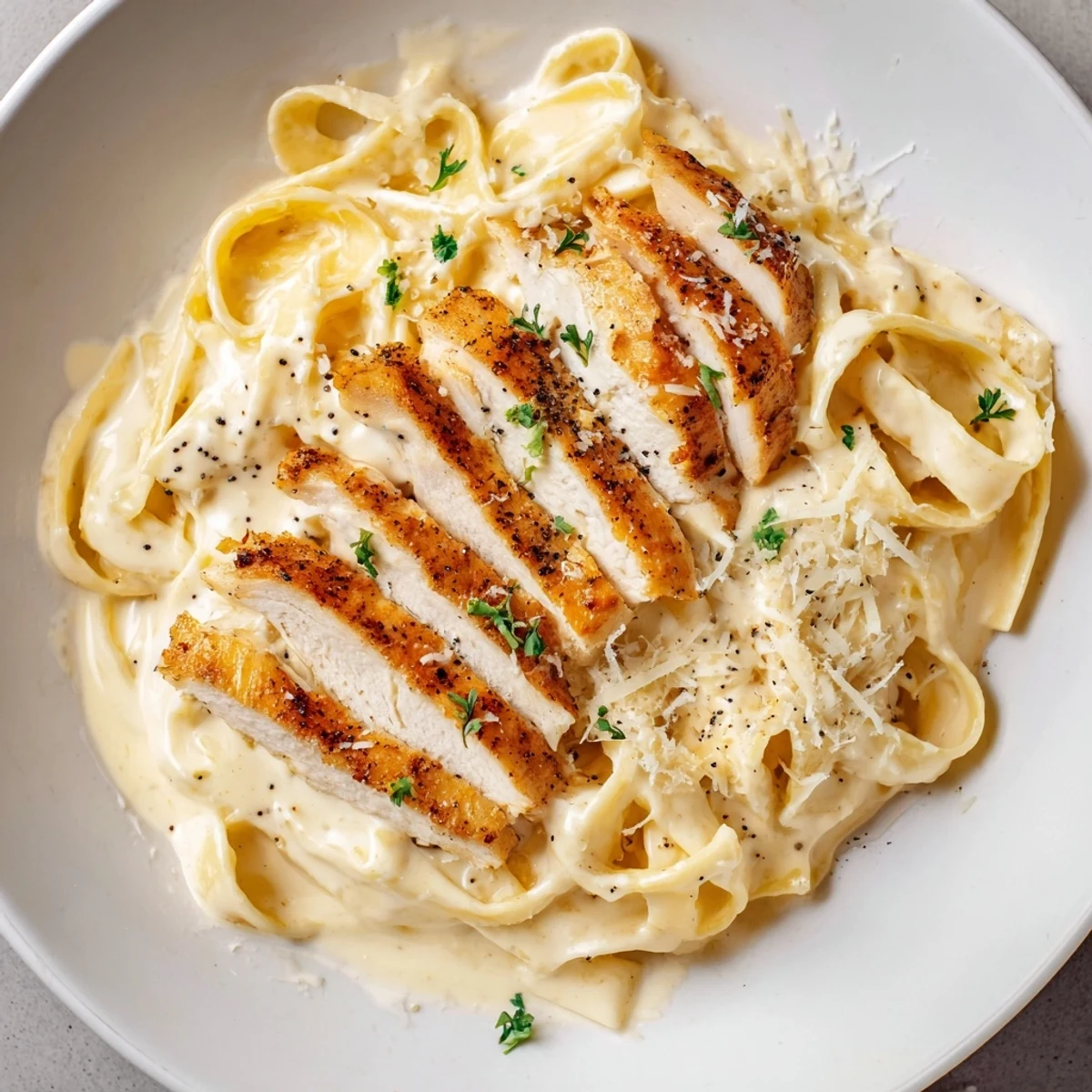 A close-up of creamy Cajun Chicken Alfredo Fettuccine, topped with fresh parsley for a vibrant dish.