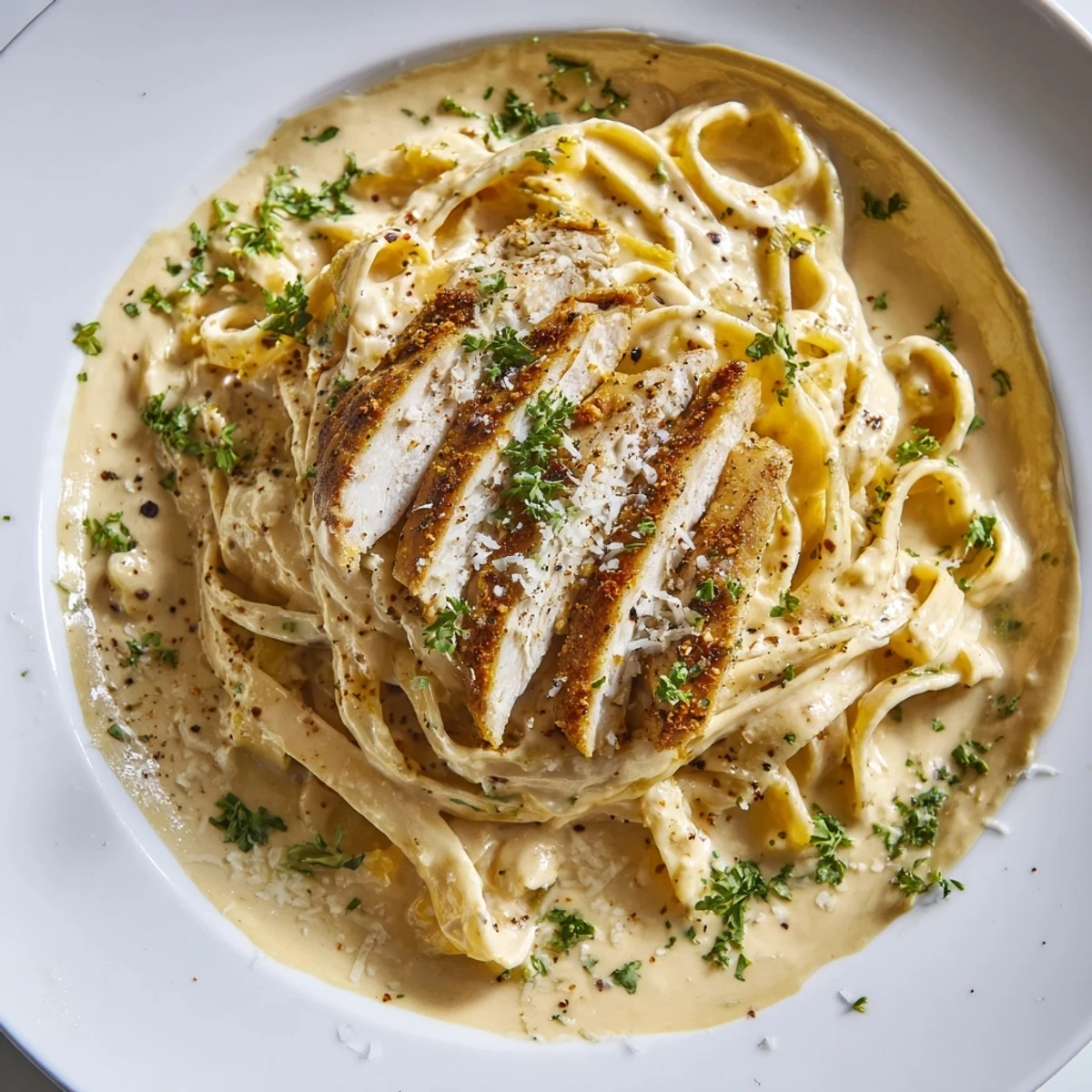 Savory and spicy Cajun Chicken Alfredo Fettuccine: tender chicken atop rich, cheesy pasta ready to eat.