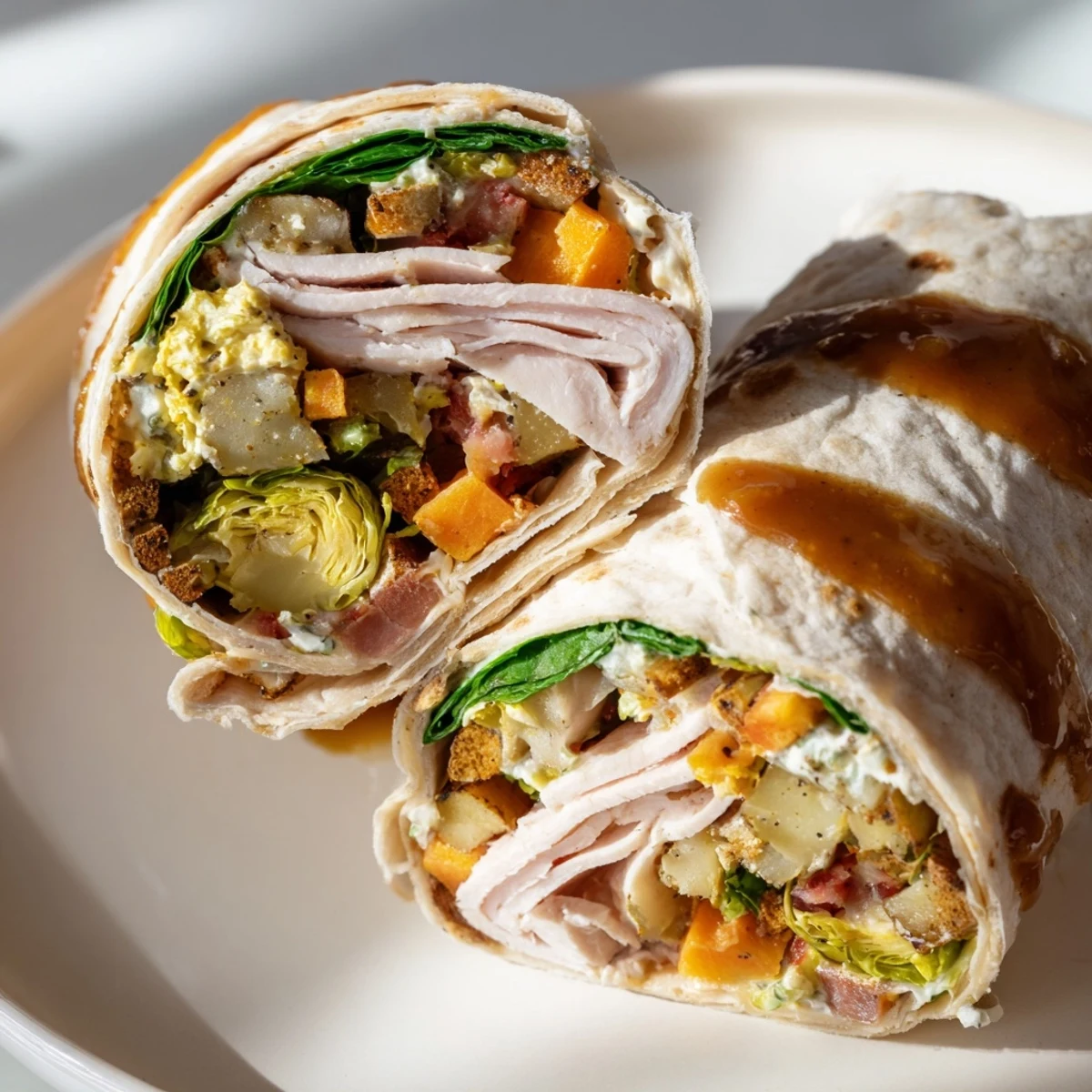 Freshly assembled Simple Christmas Leftover Wraps, showcasing savory turkey with warm gravy inside.