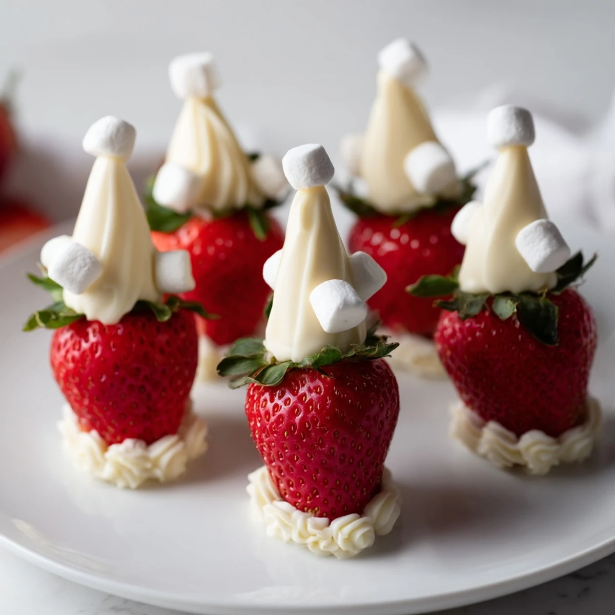 Vibrant photo of Air Fryer Santa Hat Strawberries: juicy strawberries with cheesecake filling, perfect holiday dessert.