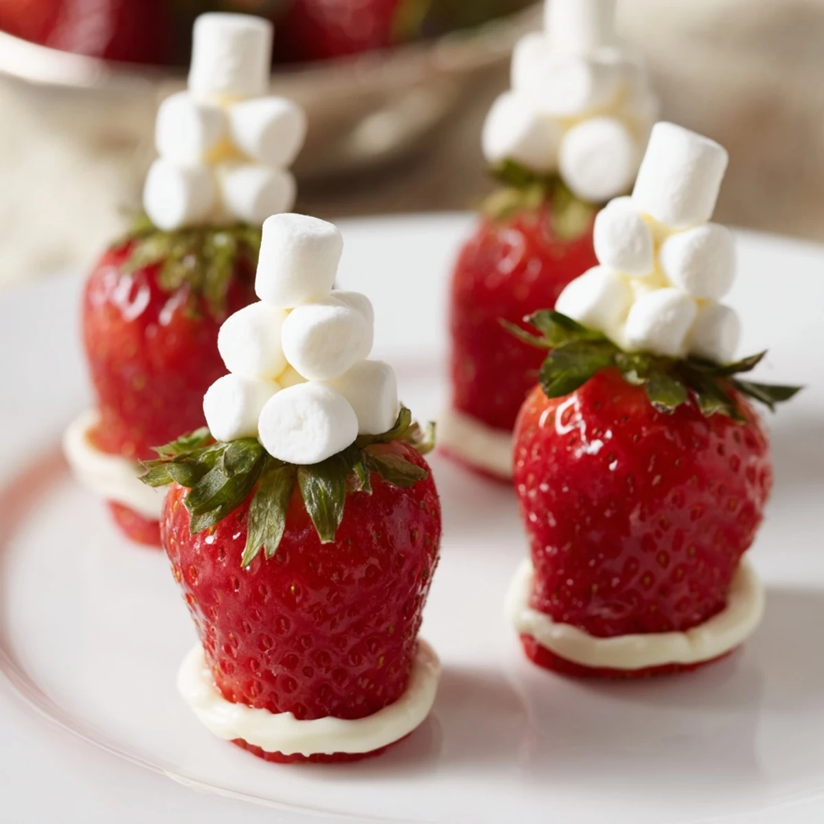 Delightful close-up showcasing Air Fryer Santa Hat Strawberries: festive treat with marshmallow tops and white chocolate.