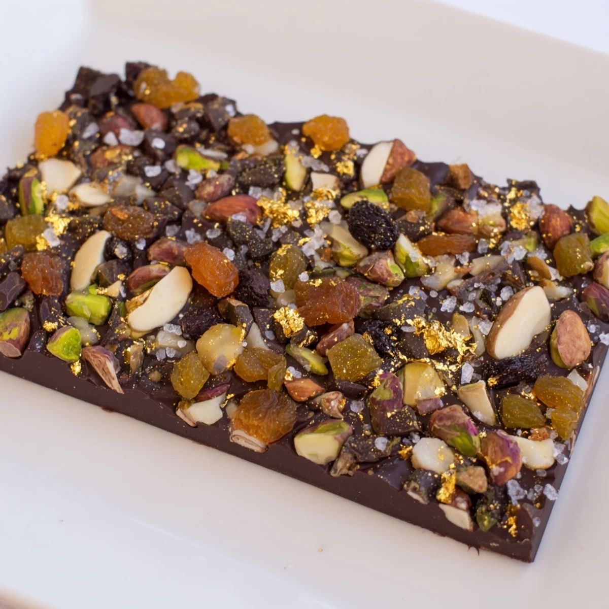 Dubai Chocolate Bark, a stunning dessert, shows pieces of dark chocolate dotted with flavorful nuts and fruits.