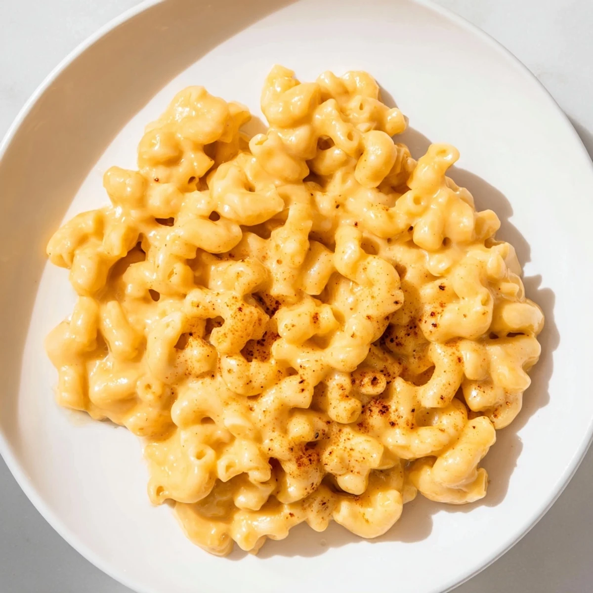 A comforting bowl of Easy Tinis Mac & Cheese, with a creamy, cheesy sauce over perfectly cooked macaroni.