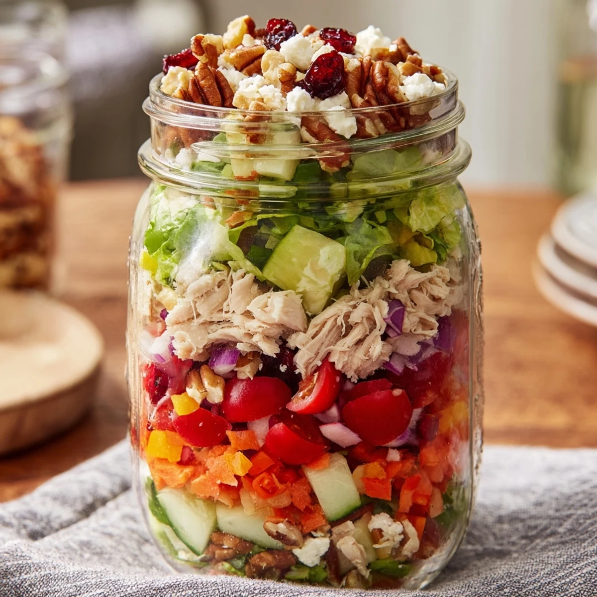 Layered Holiday Chopped Chicken Salad Jar with colorful layers ready for a refreshing bite.