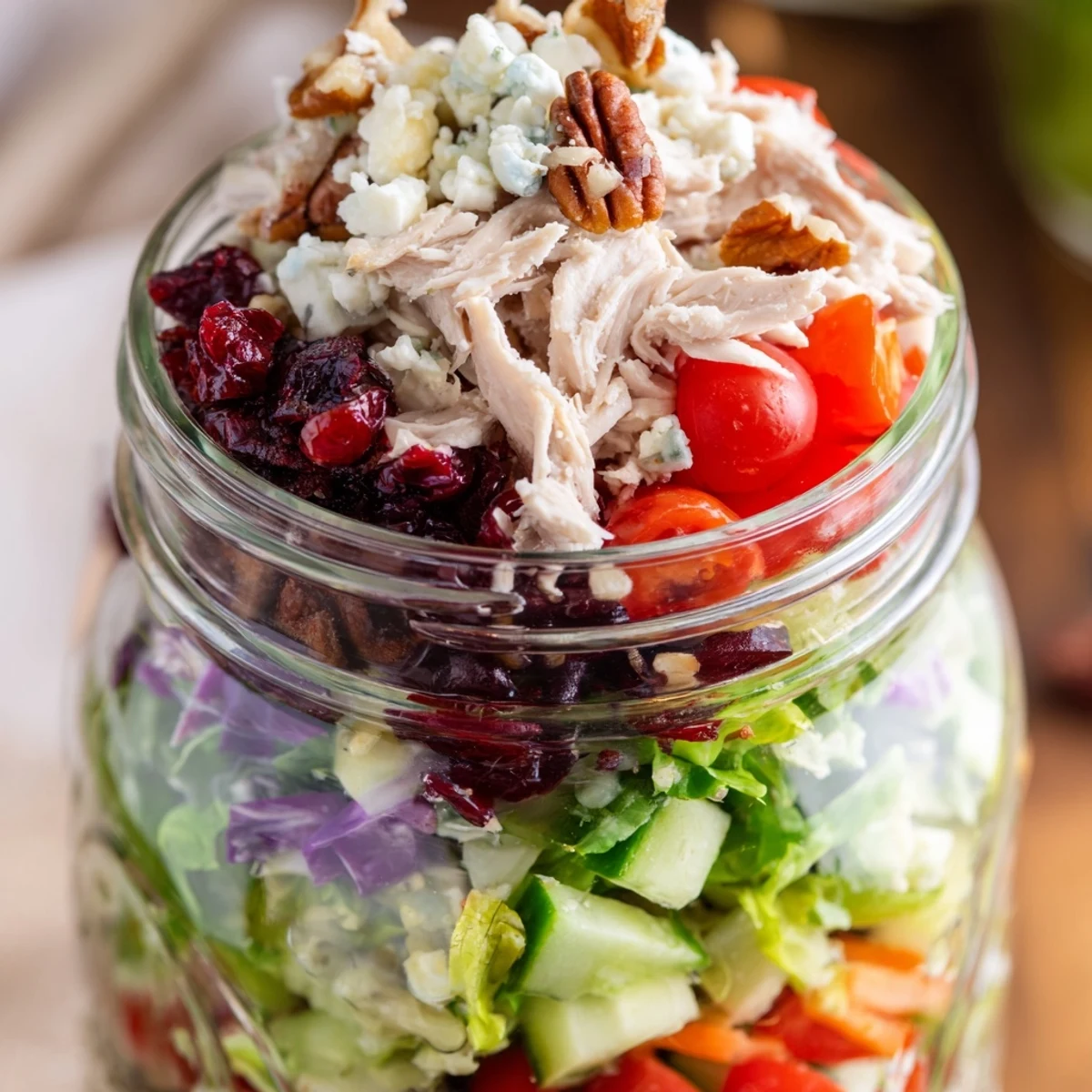 A visually stunning Layered Holiday Chopped Chicken Salad Jar showcasing fresh ingredients and creamy dressing.