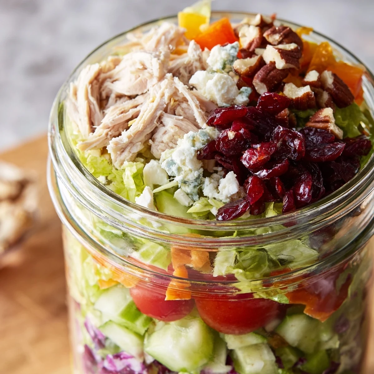 Homemade Layered Holiday Chopped Chicken Salad Jar, perfect for meal prep, ready to enjoy with flavors.