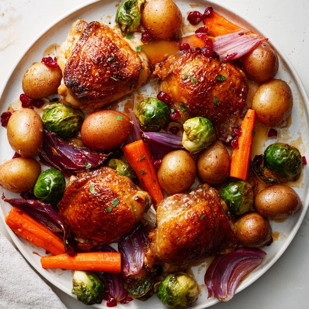 Golden brown roasted sheet pan chicken alongside vibrant vegetables drizzled with tangy cranberry vinaigrette, ready to eat!
