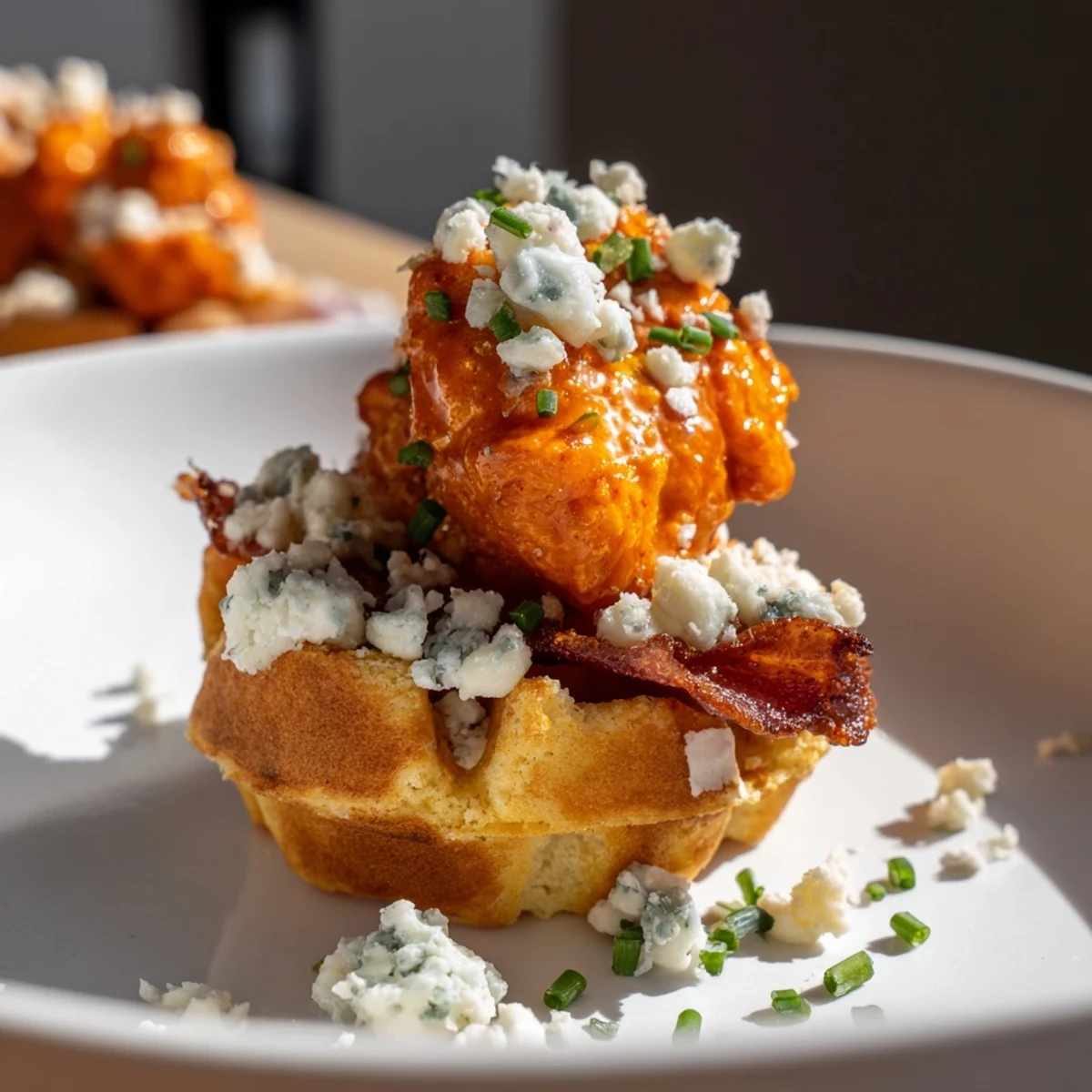 Crispy Buffalo Chicken Waffle Bites