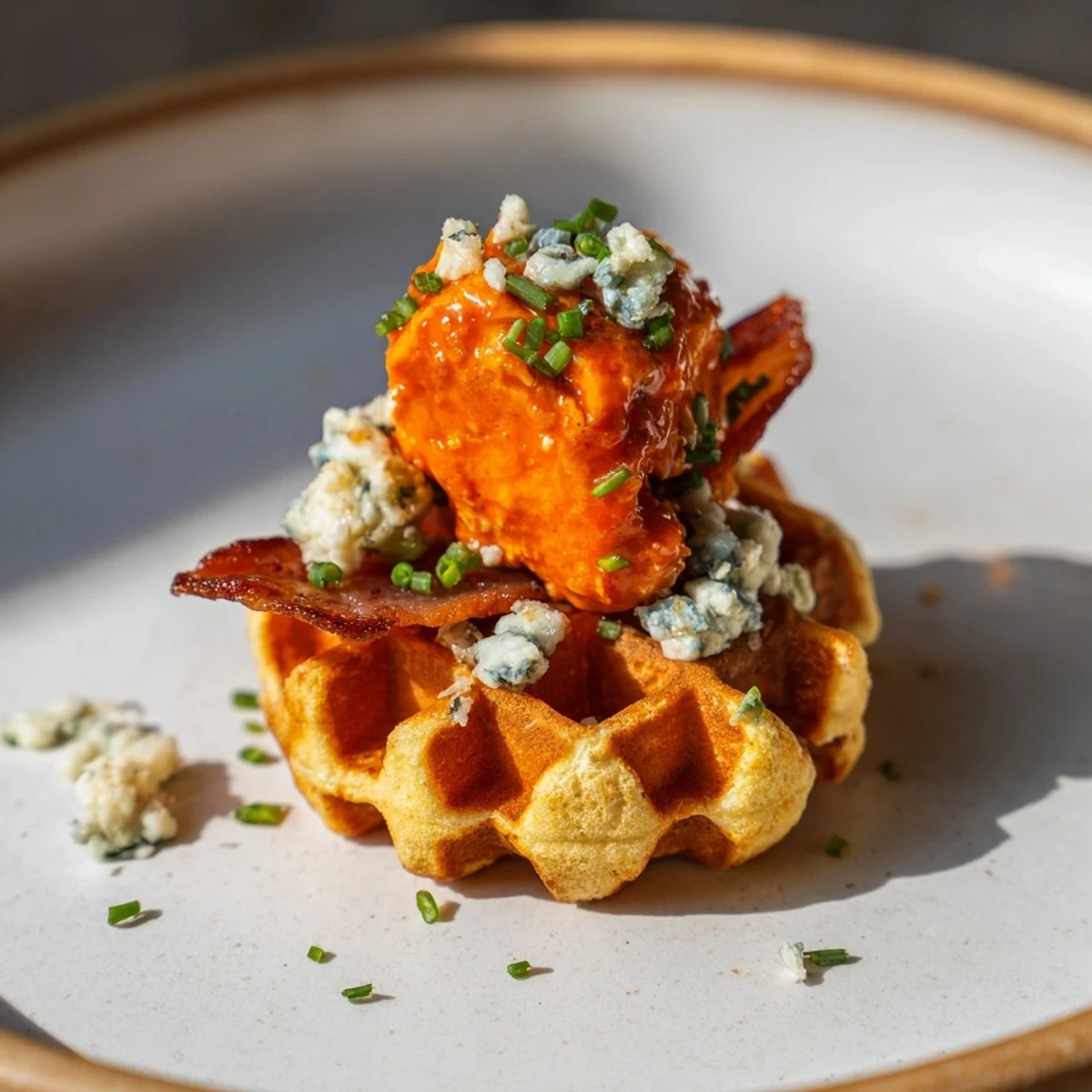 A close-up shot of savory Crispy Buffalo Chicken and Bacon Waffle Bites ready for game day enjoyment.