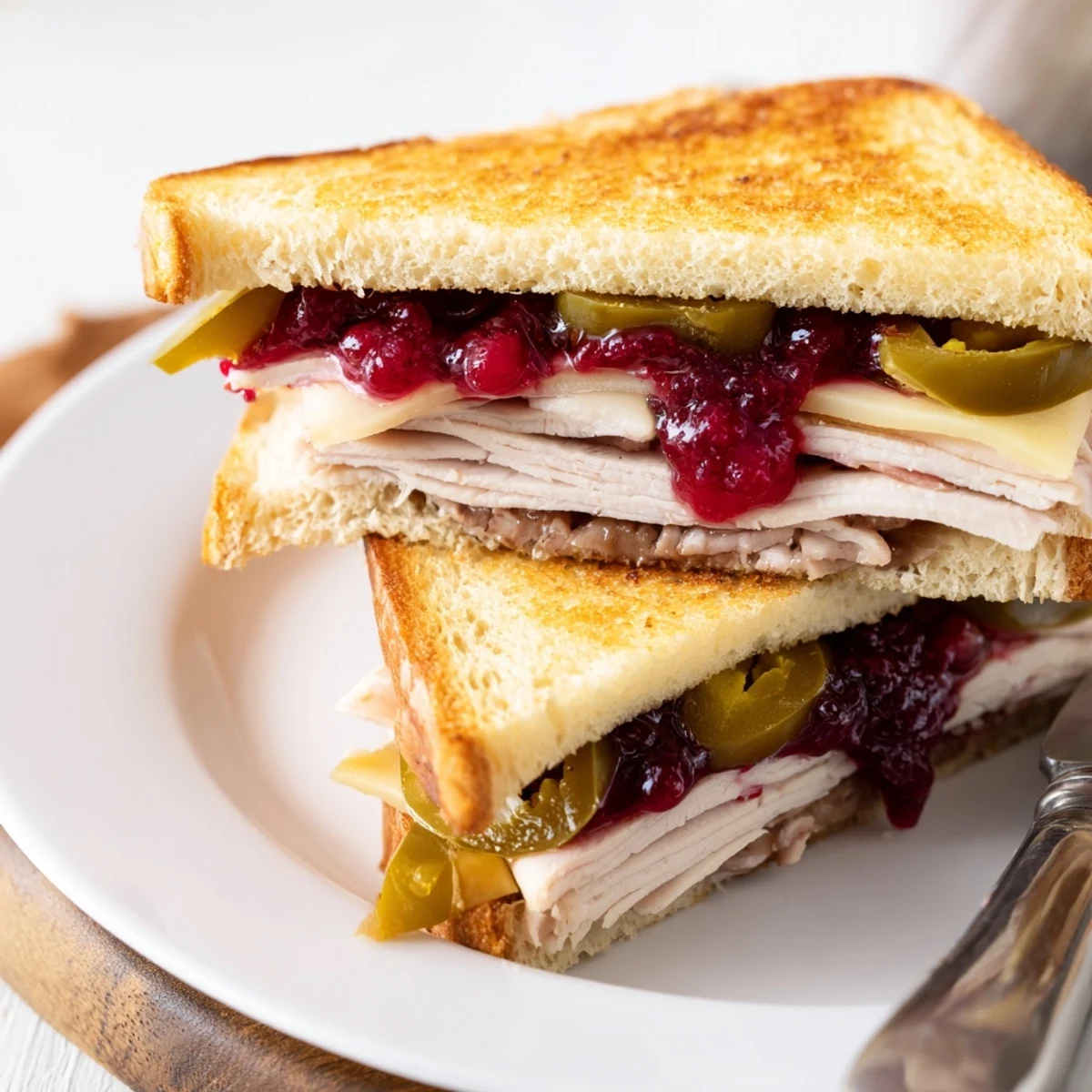 A close-up of a perfectly toasted Air Fryer Jalapeño Cranberry Turkey Grilled Cheese, ready to eat.