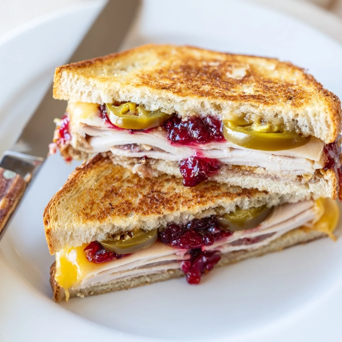 Golden, melty Air Fryer Jalapeño Cranberry Turkey Grilled Cheese, oozing with cheese and spicy jalapeños.
