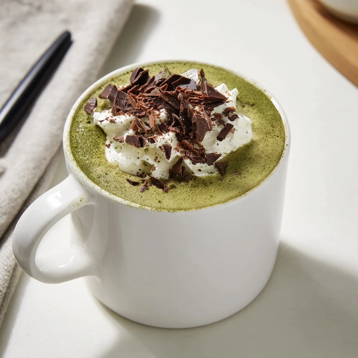 Steaming Matcha Hot Cocoa Protein Mug boasts a vibrant green hue, ideal for a quick, healthy breakfast.