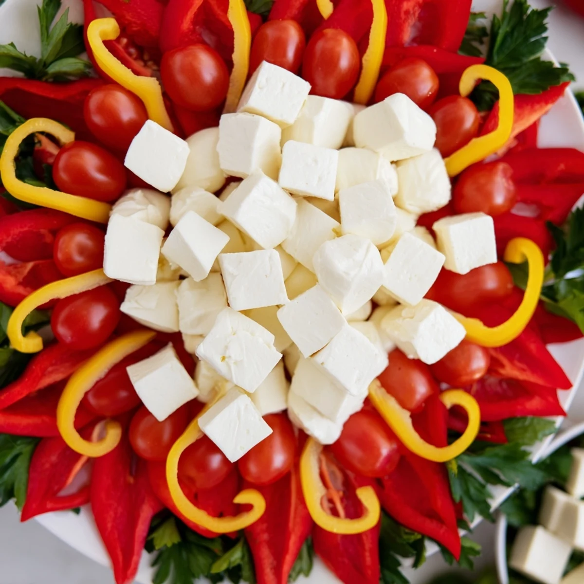 Festive Poinsettia Platter featuring vibrant red peppers, cheeses, and dips, a beautiful party appetizer.