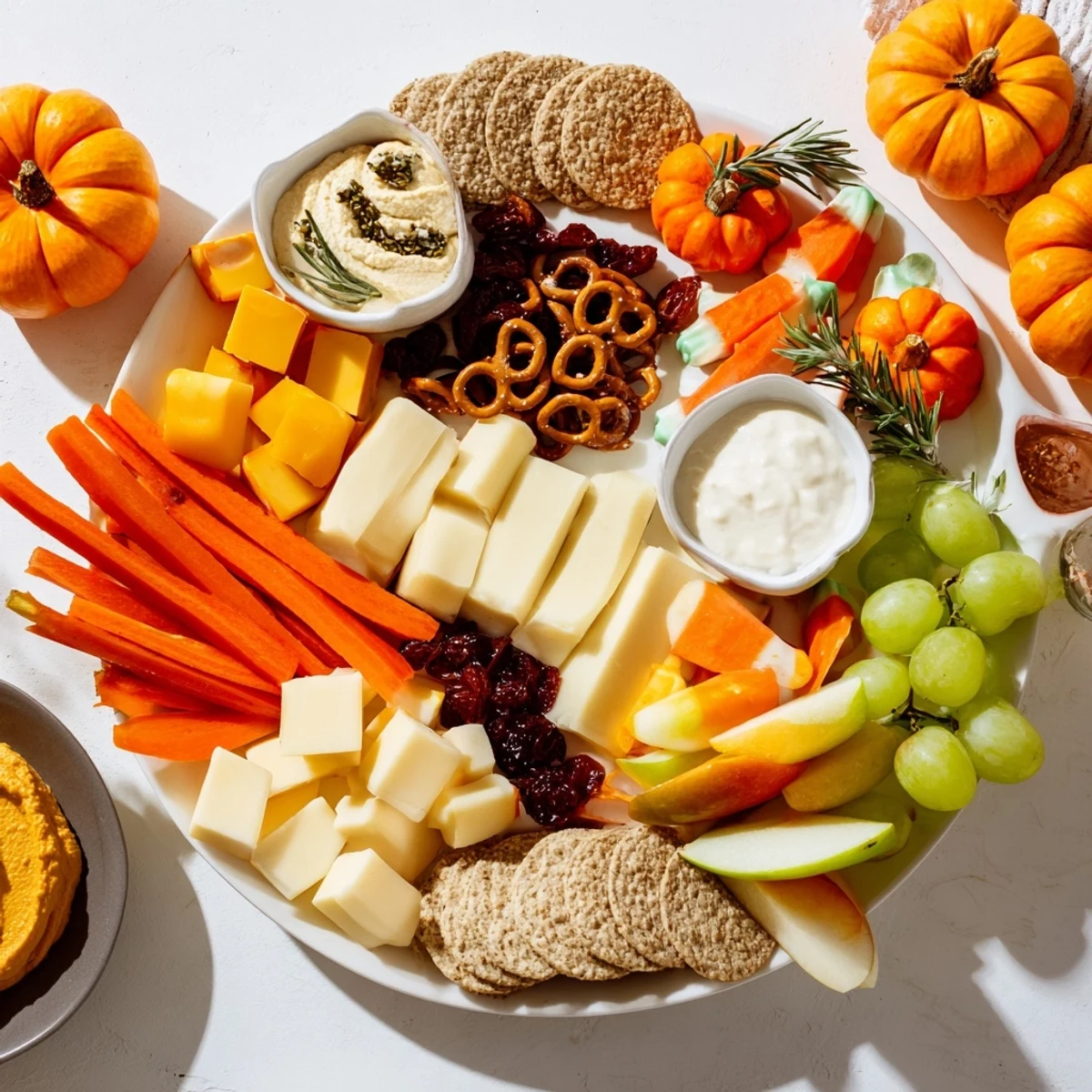 A colorful Pumpkin Patch Snack Board overflowing with cheddar, grapes, and sweet treats ready to enjoy.