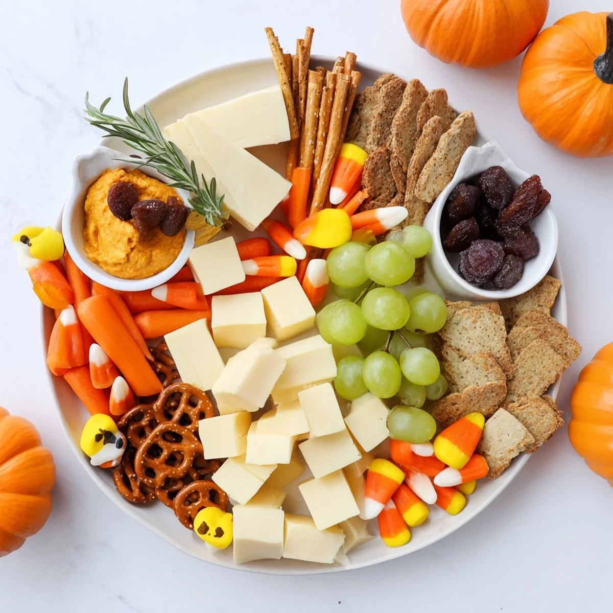 Festive Pumpkin Patch Snack Board offering a variety of flavors and textures, with pumpkin-shaped candies, and dips.