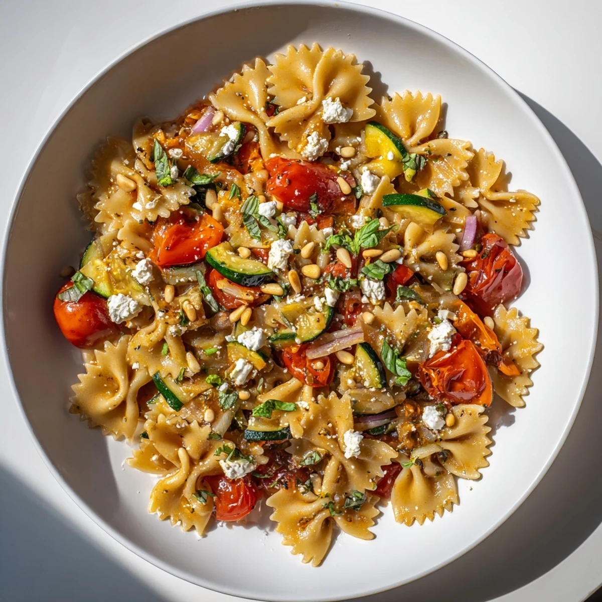 Festive Bow Tie Pasta Platter: Colorful roasted vegetables, herbs, and feta cheese top the bow tie pasta.