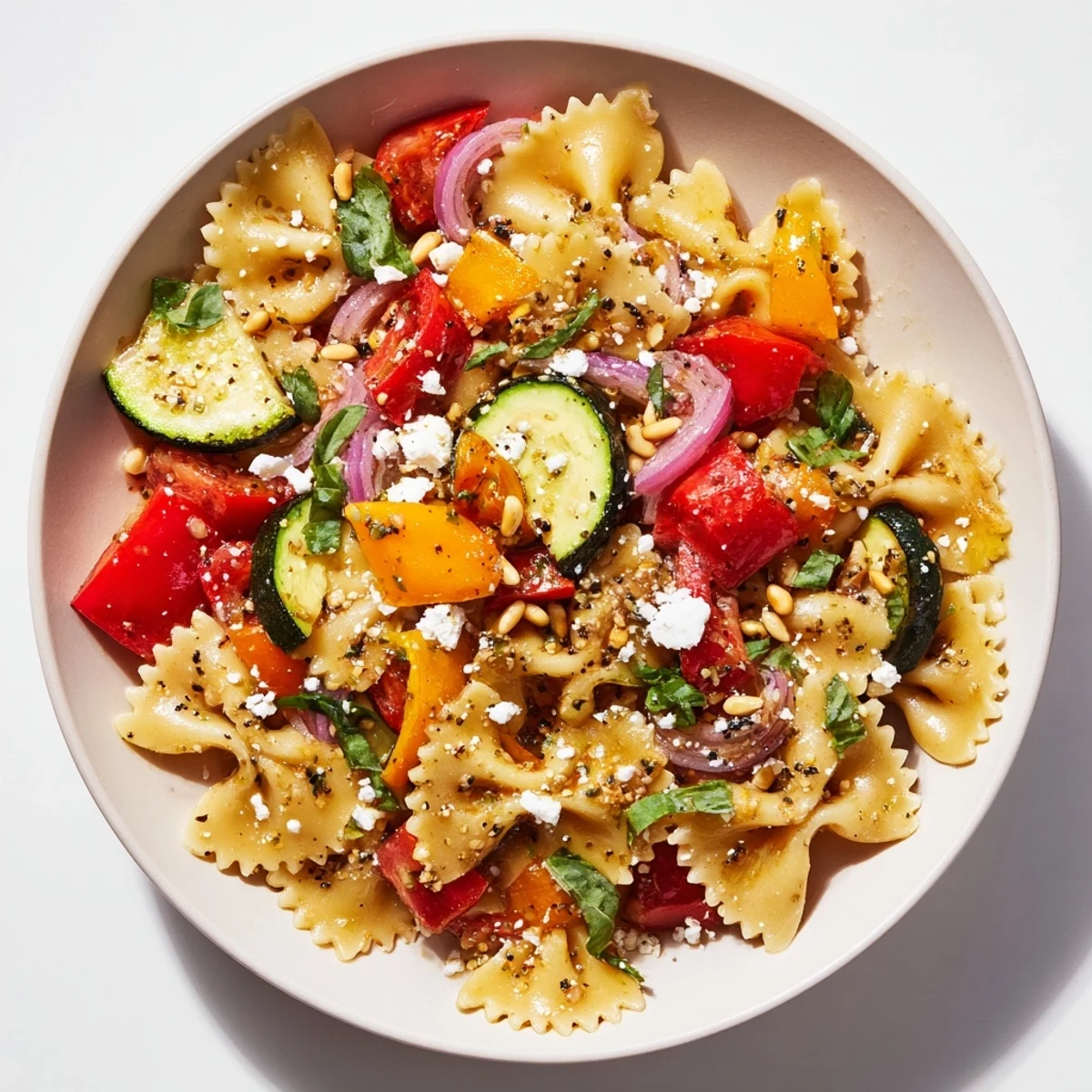 A beautiful photo of the delicious Festive Bow Tie Pasta Platter, ready to serve with lemon dressing.